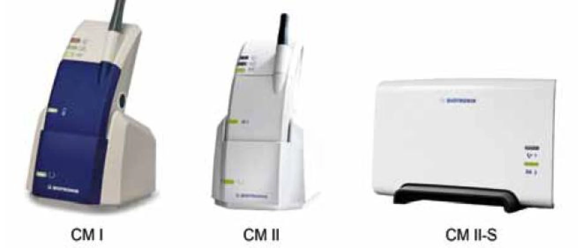 Modely pacientských jednotek systému Biotronik Home Monitoring (CardioMessengery). CM I a CM II jsou mobilní verze dostupné pro starší, resp. novější modely (viz tab. 1), CM II-S je stacionární verze.