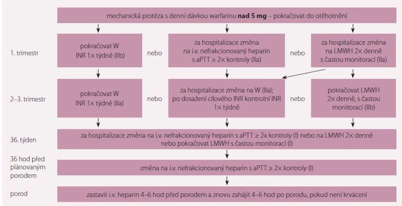 Doporučení k antikoagulační léčbě u pacientek s mechanickou chlopenní náhradou a denní dávkou warfarinu nad 5 mg. Upraveno
podle [1].